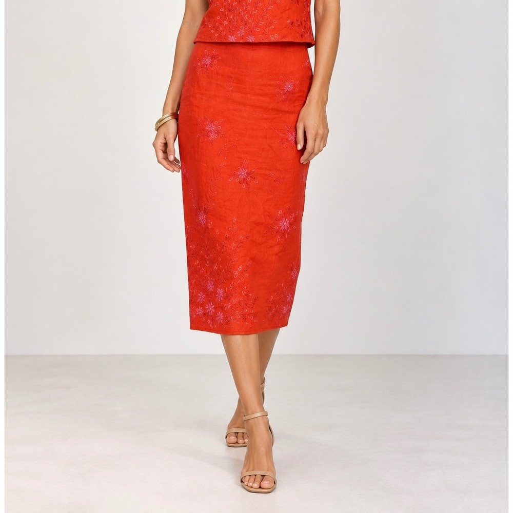 Silk Club Collection Orange Linen Embroidered Beaded Maxi Skirt Size 10 W1064